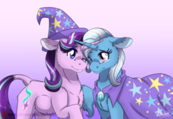 Size: 1024x704 | Tagged: safe, artist:inuhoshi-to-darkpen, starlight glimmer, trixie, classical unicorn, pony, unicorn, g4, no second prances, season 6, accessory swap, crying, female, horn, horns are touching, leonine tail, lesbian, mare, patreon, patreon logo, ship:startrix, shipping, unshorn fetlocks