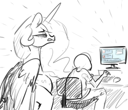 Size: 1071x921 | Tagged: safe, artist:nobody, princess celestia, oc, oc:anon, alicorn, human, pony, g4, 4chan, computer, disappointed, female, make some friends, male, mare, sketch