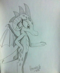 Size: 1024x1243 | Tagged: safe, artist:bananatee17, princess ember, dragon, g4, female, monochrome, smiling, solo, traditional art