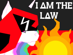 Size: 923x692 | Tagged: safe, artist:firimil, princess celestia, g4, crossover, fanfic art, female, i am the law, judge dredd, judge dreddlestia, solo, sunset shimmer is mad about everything