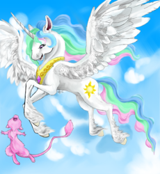 Size: 1750x1900 | Tagged: safe, artist:firimil, princess celestia, mew, g4, crossover, pokémon, unshorn fetlocks