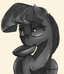 Size: 696x810 | Tagged: safe, artist:post-it, twilight sparkle, alicorn, pony, g4, no second prances, begging, behaving like a dog, bowl, female, grayscale, mare, monochrome, scene interpretation, solo, twilight sparkle (alicorn)