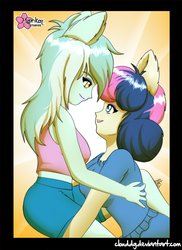 Size: 656x900 | Tagged: safe, artist:clouddg, bon bon, lyra heartstrings, sweetie drops, earth pony, anthro, g4, clothes, duo, female, lesbian, midriff, ship:lyrabon, shipping, tank top