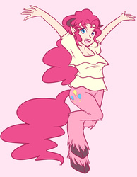 Size: 594x764 | Tagged: safe, artist:jonfawkes, pinkie pie, satyr, g4, clothes, commission, female, happy, jumping, open mouth, patreon, satyrized, simple background, solo, unshorn fetlocks, white background