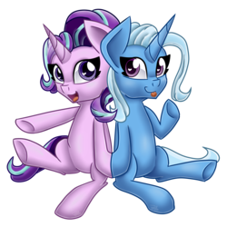 Size: 4000x4000 | Tagged: safe, artist:partypievt, starlight glimmer, trixie, pony, unicorn, g4, absurd resolution, female, lesbian, mare, ship:startrix, shipping, simple background, tongue out, transparent background