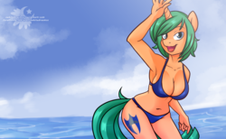 Size: 4500x2776 | Tagged: safe, artist:xwhitedreamsx, oc, oc only, oc:glimmer, unicorn, anthro, armpits, belly button, big breasts, bikini, breasts, clothes, female, high res, ocean, solo, swimsuit