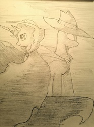 Size: 946x1280 | Tagged: safe, artist:arcanelexicon, mare do well, trixie, pony, unicorn, g4, cape, clothes, female, mare, monochrome, traditional art