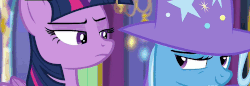 Size: 500x172 | Tagged: safe, edit, edited screencap, screencap, princess celestia, trixie, twilight sparkle, alicorn, pony, unicorn, g4, no second prances, animated, eye contact, fake smile, female, frown, glare, grin, gritted teeth, lidded eyes, looking at each other, looking back, mare, meme, smiling, smirk, special eyes, twilight sparkle (alicorn), unamused, wide eyes