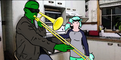 Size: 1800x900 | Tagged: artist needed, source needed, safe, oc, oc only, oc:anon, oc:hope, human, satyr, duo, female, male, meme, musical instrument, offspring, parent:lyra heartstrings, sunglasses, trombone, vine video, when mama isn't home