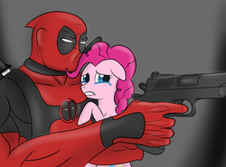 Size: 3000x2225 | Tagged: safe, artist:pustulioooooo, artist:thewolfheart89, pinkie pie, earth pony, pony, g4, carrying, crossover, crying, deadpool, female, gun, lip bite, mare, pistol, ponibooru leftovers, weapon