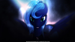 Size: 4096x2305 | Tagged: safe, artist:princeoracle, princess luna, g4, 3d, dark, female, glowing, gmod, high res, looking at you, signature, solo