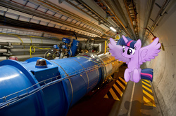 Size: 1615x1075 | Tagged: safe, artist:decprincess, artist:uponia, twilight sparkle, alicorn, pony, g4, cern, female, flying, irl, large hadron collider, mare, particle accelerator, photo, ponies in real life, shadow, solo, switzerland, tunnel, twilight sparkle (alicorn), vector
