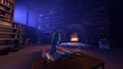 Size: 1920x1080 | Tagged: safe, artist:thesokal, trixie, pony, unicorn, g4, 3d, book, female, fire, fireplace, library, mare, night, reading, sad, solo, source filmmaker