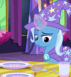 Size: 594x648 | Tagged: safe, screencap, trixie, pony, unicorn, g4, no second prances, season 6, animated, cloak, clothes, cropped, cup, female, fork, hat, knife, magic, mare, plate, ribbon, silverware, smiling, smirk, solo, table, telekinesis, trixie's cape, trixie's hat, twilight's castle
