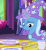 Size: 594x648 | Tagged: safe, screencap, trixie, pony, unicorn, g4, no second prances, season 6, animated, cloak, clothes, cropped, cup, female, fork, hat, knife, magic, mare, plate, ribbon, silverware, smiling, smirk, solo, table, telekinesis, trixie's cape, trixie's hat, twilight's castle