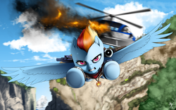 Size: 1920x1200 | Tagged: safe, artist:supermare, rainbow dash, g4, badass, canyon, clothes, crossover, eidos interactive, female, fire, flying, helicopter, just cause, just cause 3, necklace, pendant, solo