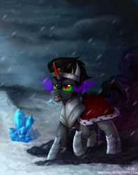 Size: 1236x1560 | Tagged: safe, artist:kaylemi, king sombra, umbrum, g4, crystal, drool, male, open mouth, snow, snowfall, solo, sombra's cape, stallion