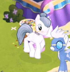 Size: 257x262 | Tagged: safe, gameloft, cloudy quartz, fleetfoot, earth pony, pegasus, pony, g4, adoraquartz, animated, cute, female, game, game screencap, gameloft shenanigans, gif, mare, party hard, prancing, solo focus, spinning, trotting, trotting in place