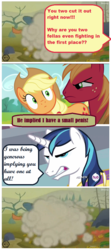 Size: 496x1116 | Tagged: safe, screencap, applejack, big macintosh, shining armor, earth pony, pony, g4, ball of violence, fight, male, out of character, screencap comic, stallion