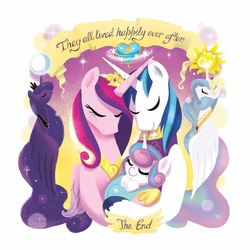 Size: 1048x1050 | Tagged: safe, artist:amy mebberson, princess cadance, princess celestia, princess flurry heart, princess luna, shining armor, pony, g4, my little pony: good night baby flurry heart, baby, baby blanket, baby pony, cute, eyes closed, family, flurrybetes, happily ever after, safety pin, sleeping, smiling, swaddling