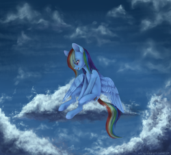 Size: 1723x1556 | Tagged: safe, artist:milka-pony, rainbow dash, pony, g4, cloud, female, sad, solo