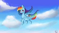 Size: 1920x1080 | Tagged: safe, artist:rylai-sapphire, rainbow dash, pegasus, pony, g4, cloud, female, flying, mare, signature, sky, smiling, solo