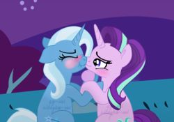 Size: 1024x717 | Tagged: safe, artist:rem-ains, starlight glimmer, trixie, pony, unicorn, g4, duo, female, kiss on the lips, kissing, lesbian, mare, scrunchy face, ship:startrix, shipping