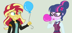 Size: 1024x481 | Tagged: dead source, safe, artist:a-r-i-a-1997, sci-twi, sunset shimmer, twilight sparkle, equestria girls, g4, balloon, blowing up balloons, clothes, counterparts, crystal prep academy uniform, duo, inflating, school uniform, sunset's counterparts, twilight's counterparts