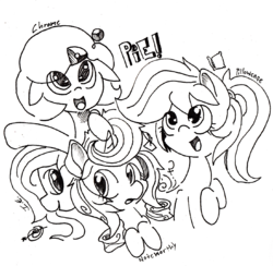 Size: 1706x1665 | Tagged: safe, artist:dereklestrange, oc, oc:google chrome, oc:noteworthy, oc:pillow case, pegasus, pony, unicorn, browser ponies, monochrome, traditional art