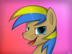 Size: 1600x1200 | Tagged: safe, artist:luminousdazzle, oc, oc only, oc:rack redstar, pony, bust, gradient background, grin, portrait, simple background, smiling, solo