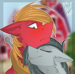 Size: 580x571 | Tagged: safe, artist:mrgdog, big macintosh, marble pie, earth pony, pony, g4, blushing, eyes closed, floppy ears, fluffy, frown, male, neck nuzzle, nuzzling, ship:marblemac, shipping, smiling, snuggling, stallion, straight