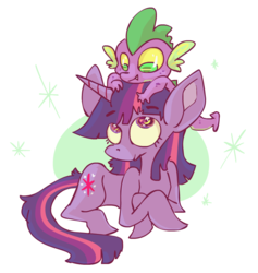 Size: 718x756 | Tagged: safe, artist:sky665, spike, twilight sparkle, dragon, pony, unicorn, g4, dragon hat, dragons riding ponies, female, male, mare, prone, riding, spike riding twilight