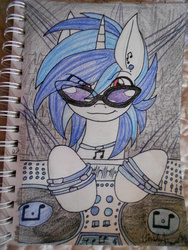 Size: 1024x1365 | Tagged: safe, artist:darkclawtimelord, dj pon-3, vinyl scratch, g4, bracelet, ear piercing, earring, female, hair over one eye, necklace, piercing, raised eyebrow, record, sketch, solo, turntable, wristband