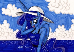 Size: 1579x1099 | Tagged: safe, artist:newyorkx3, princess luna, anthro, g4, beach, beach dress, breasts, cleavage, clothes, dress, female, hat, smiling, solo, summer dress, sun hat, sundress, traditional art