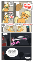Size: 1800x3338 | Tagged: safe, artist:valcron, applejack, pinkie pie, g4, comic, dialogue, hat, misspelling, night, now you're thinking with portals, pinkie being pinkie, pinkie physics, portal, shockwave, shout, speech bubble