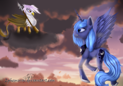 Size: 5000x3500 | Tagged: safe, artist:ephemurai, gilda, princess luna, griffon, g4, absurd resolution, cloud, s1 luna, spear, weapon