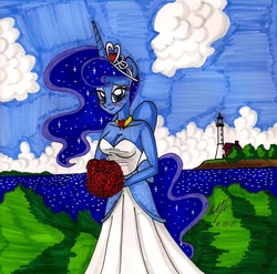 Size: 1621x1604 | Tagged: safe, artist:newyorkx3, princess luna, anthro, g4, blushing, bouquet, breasts, bride, bronybait, cleavage, clothes, dress, female, looking at you, smiling, solo, tiara, traditional art, wedding dress