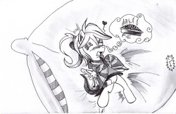 Size: 2556x1652 | Tagged: safe, artist:dereklestrange, oc, oc only, oc:pillow case, pegasus, pony, clothes, food, hoodie, monochrome, pie, pillow, sleeping, solo, traditional art