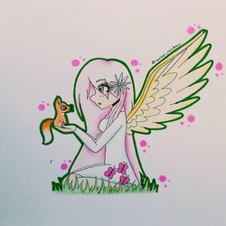 Size: 1876x1876 | Tagged: safe, artist:rocker-rainbow, fluttershy, human, g4, animal, blushing, clothes, dress, female, humanized, solo, traditional art, winged humanization