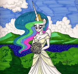 Size: 1577x1503 | Tagged: safe, artist:newyorkx3, princess celestia, anthro, g4, blushing, breasts, bride, cleavage, clothes, dress, female, flower, looking at you, solo, this will end with war, traditional art, waifu, wedding dress, wife