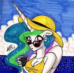 Size: 911x901 | Tagged: safe, artist:newyorkx3, princess celestia, anthro, g4, beach, breasts, busty princess celestia, cleavage, clothes, drink, female, hat, ocean, solo, sun hat, sunglasses, tank top, traditional art