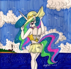 Size: 1642x1587 | Tagged: safe, artist:newyorkx3, princess celestia, anthro, g4, beach, belt, breasts, clothes, female, hat, looking back, midriff, miniskirt, outdoors, sideboob, skirt, solo, sun hat, tank top, traditional art