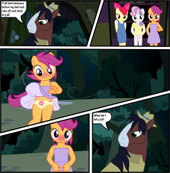 Size: 2000x2040 | Tagged: safe, artist:liggliluff, apple bloom, scootaloo, sweetie belle, trouble shoes, earth pony, anthro, g4, belly button, blushing, clothes, comic, covering, cutie mark crusaders, dialogue, dress, embarrassed, embarrassed underwear exposure, female, flower pattern underwear, forest, high res, overalls, panties, ribbon, shorts, silly panties, skirt, skirt flip, skirtaloo, speech bubble, summer dress, sundress, underwear, unlucky, upskirt, vector, wind, yellow underwear, young
