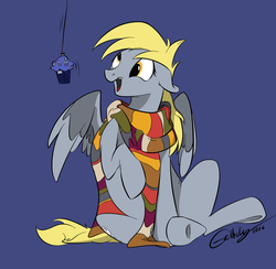 Size: 1024x1001 | Tagged: safe, artist:rutkotka, derpy hooves, pegasus, pony, g4, clothes, doctor who, female, food, fourth doctor's scarf, mare, muffin, scarf, solo, striped scarf, tardis