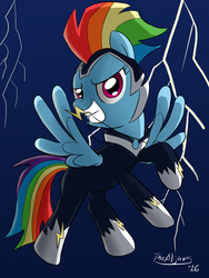 Size: 3000x4000 | Tagged: safe, artist:thealjavis, rainbow dash, zapp, g4, power ponies (episode), female, flying, high res, lightning, mouth hold, necklace, pendant, power ponies, signature, solo, superhero