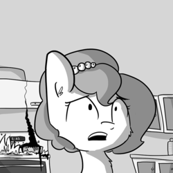 Size: 784x784 | Tagged: safe, artist:tjpones edits, edit, editor:dsp2003, oc, oc only, oc:brownie bun, horse wife, ask, burning stove, fire, grayscale, monochrome, open mouth, property damage, solo, stove, textless, tumblr