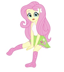 Size: 1024x1158 | Tagged: dead source, safe, artist:sumin6301, fluttershy, equestria girls, g4, clothes, female, missing shoes, open mouth, simple background, sitting, skirt, skirt pull, socks, solo, tank top, white background