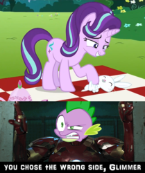 Size: 1500x1796 | Tagged: safe, edit, edited screencap, hundreds of users filter this tag, screencap, angel bunny, spike, starlight glimmer, pony, unicorn, g4, no second prances, angry, captain america: civil war, caption, elevator, female, image macro, implied starbunny, iron man, jealous, male, meme, picnic, ship:sparlight, ship:starbunny, shipping, smiling, starlight is a bunny fondler, straight, teeth, text, tickling