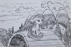 Size: 1505x1000 | Tagged: dead source, safe, artist:jklrxdk, apple bloom, g4, on your marks, bridge, cutie mark, female, monochrome, ponyville, redraw, scene interpretation, solo, the cmc's cutie marks, traditional art