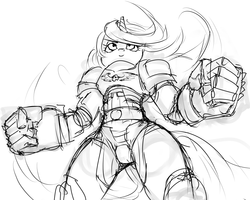 Size: 1280x1024 | Tagged: safe, artist:mod-of-chaos, lyra heartstrings, anthro, g4, armor, crossover, female, monochrome, power armor, power fist, powered exoskeleton, sketch, solo, warhammer (game), warhammer 40k